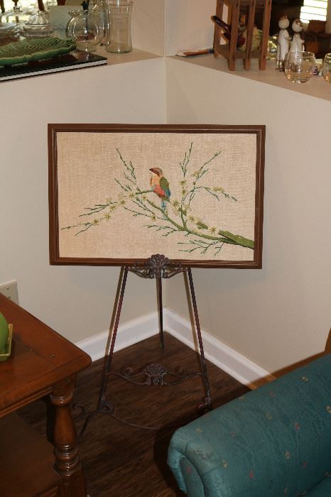 Embroidered Bird Picture on Ornate Metal Easel