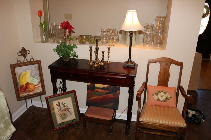 Vintage Console Table & Chair, Fruit Painting, Ducks Needlepoint, Ornate Easels, Lots of Glass Vases
