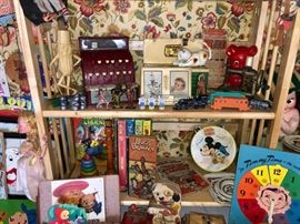 Mr. Peanut, puzzles, cash register & German child's sewing machine.