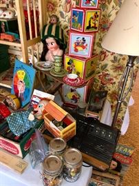 Disney toys, Bozo, tin litho tea sets and small items.
