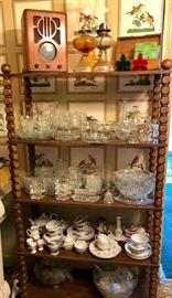 Oil lamps, crystal, china and punch bowl sets.