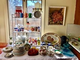 China, glassware, Mr. Peanut cups and blue Hazel Atlas.