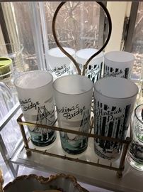 Mackinac Bridge & Hartwick Pines glassware set in carrier.