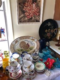 Turkey platter, china cups and Hazel Atlas blue glass.