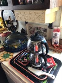 Flamingo trays and Sunbeam coffee pot.