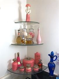 Vintage bath containers and vanity sets.