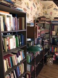 Green floor lamp and metal wastebasket with Presidents.