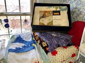 Crocheted bedspread, afghans, & chenille bedspreads.