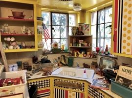 Craft room china, collectibles and records.