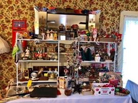 Shadow box mirror with shelves, collectibles and 1920-30's Christmas decor.