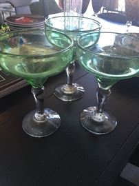 Set of 6 green glass margarita glasses