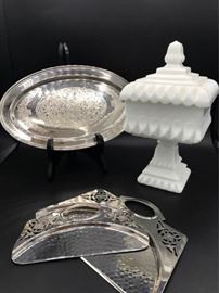 Stainless tray with Silent Butler Crumb Catcher with Milk Glass Candy Dish https://ctbids.com/#!/description/share/143324