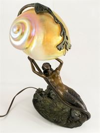 MARIA PARIS 1920's DECO BRONZE MERMAID LAMP & SHADE