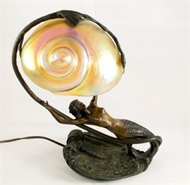 MARIA PARIS 1920's DECO BRONZE MERMAID LAMP & SHADE