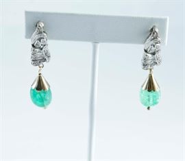14K white and yellow gold diamond and emerald earrings. With appraisal.