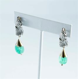 14K white and yellow gold diamond and emerald earrings. With appraisal.