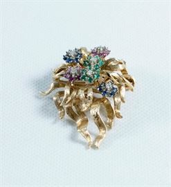 14K yellow gold diamond and gemstone brooch. Sapphires, diamonds, rubies and emeralds. With appraisal.