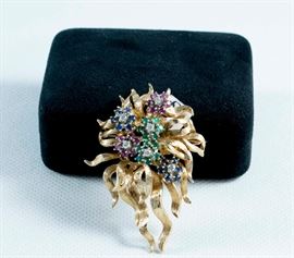 14K yellow gold diamond and gemstone brooch. Sapphires, diamonds, rubies and emeralds. With appraisal.