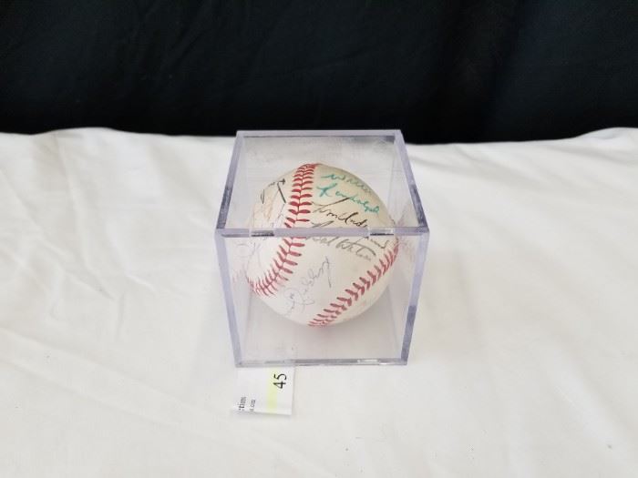 Reggie Jackson autographed signed baseball, along with other members of the 1981 New York Yankees team. Names included are Reggie Jackson, Lou Pinella, Bucky Dent, Willie Randolph, Tom Underwood, Bob Watson, Bobby Murcer, Graig Nettles, Jim Spencer, Ron Guidry, and more! See other lots throughout auction for more baseball memorabilia.