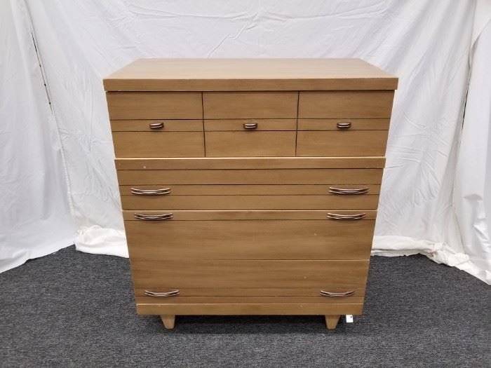 Vintage KROEHLER, Mid-Century Modern, 4-Drawer, Tall Dresser. Blonde colored. These mid-century modern pieces by Kroehler are being offered for $1,000 online. This approximate dimensions are 36" W X 18" D X 42" H. Please bring proper help for removal. Please see lot 33 for matching Mid-Century modern chair.