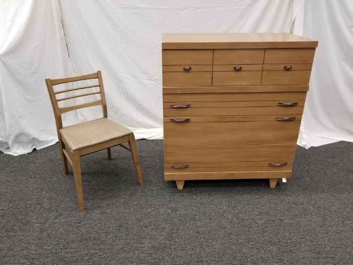 Vintage KROEHLER, Mid-Century Modern, 4-Drawer, Tall Dresser. Blonde colored. These mid-century modern pieces by Kroehler are being offered for $1,000 online. This approximate dimensions are 36" W X 18" D X 42" H. Please bring proper help for removal. Please see lot 33 for matching Mid-Century modern chair.