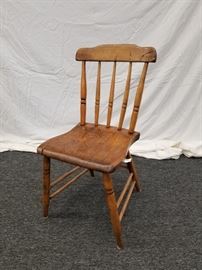 Antique Farmhouse/Cottage Chair. We were told this cottage chair was from a farm in Wisconsin and the previous owner, before our client acquired it several years ago, had owned it for over 50 years and had dated the chair to approx 1830. Cottage chairs and furniture were built from various wood and materials that were available around the farm, and were popular between 1830-1890. Approximate dimensions are 14.5" W X 14.5" D X 17" seat height X 30" back height. See lot 80A for matching chair. Please notice different heights due to nature of constructing cottage chairs.