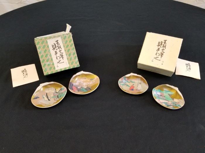 Qty (4) Kai-Awase painted shells. These are the remakes of the game that ladies in the court played during the Heian period (1000 years ago) in Japanese history. Original boxes included.