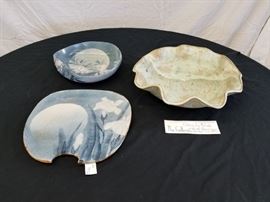 Qty (3) pieces of hand-thrown pottery. Green bowl is by Melinda Palmer of Brandon, Mississippi and has an approximately 14" Diameter. Hand thrown blue plate and bowl is 1950s Japanese and the plate is approximately 13" diameter.