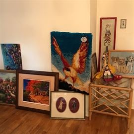 Checkout that Eagle and Moon latch hook wall hanging/ rug!!! 
Many framed needlepoint pieces 