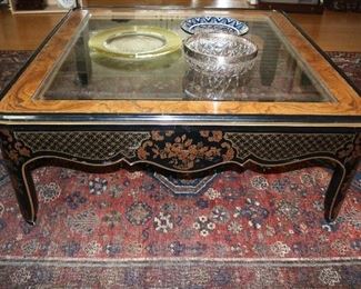 Lacquer wood coffee table with beveled glass insert