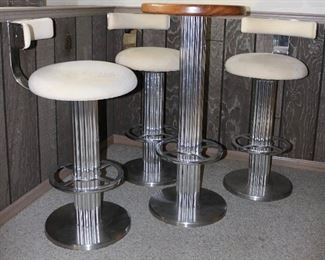 Chrome, ultrasuede and rosewood barstool and table set