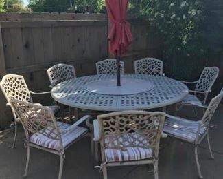 8 piece iron patio table and umbrella