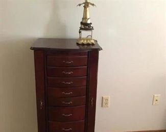 Cherry jewelry chest. Nice table lamp