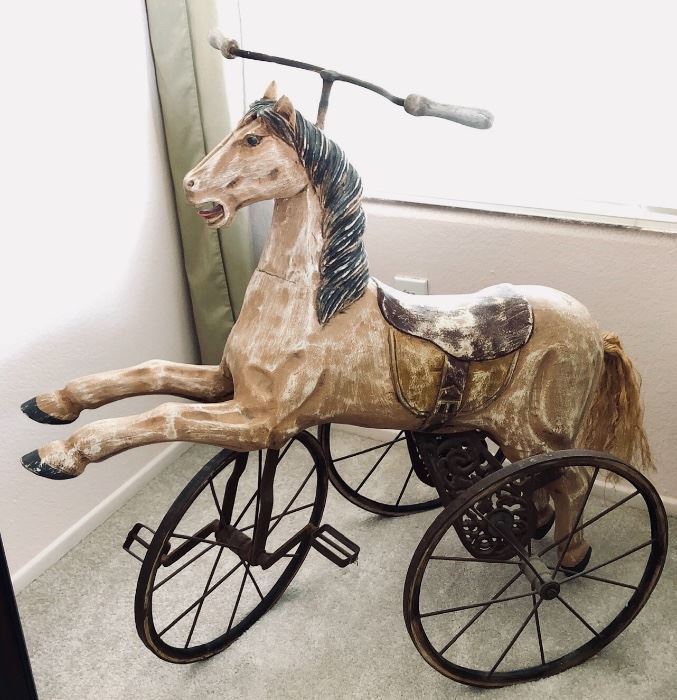 Antique wood horse cast iron base tricycle 