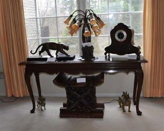 Ouline Panther, Lily Pond Tiffany Style Lamp, French Clock and Ghana Stool Table, Foo Dogs in Brass