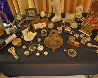 Art Deco Vase, Pen Set, Various Clocks, Pocket Watche, Figurine