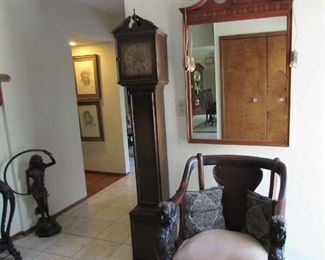 Carved Wood Chair, Grandfather Clock, Bronze, Mirror