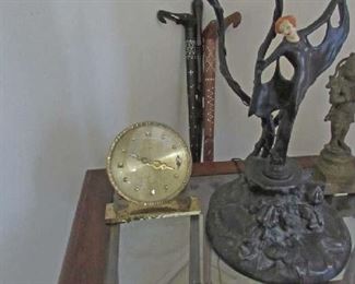 Chiparus Style Lamp, Walking Sticks, Clock, Bronze