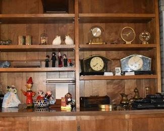 Book Shelves with Sundries, Vintage Clocks, Brass Items, Raisin Novelity