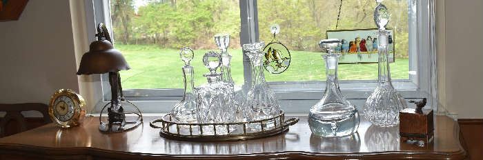 Crystal Decanters, Antique Lamp with Lighted Eyes and Copper Toothpick Holder