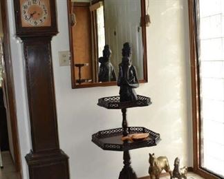 Granmother Clock Tiered mahogany Table, Mirro and Brass Horses