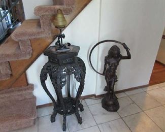 Asian Ornately Carved Ironwood Table and Diuir Bronze