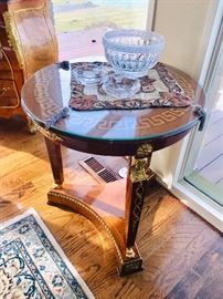 VERSACE STYLE WOOD & BRASS ROUND TABLES (27” DIAMETER x 30”HEIGHT)