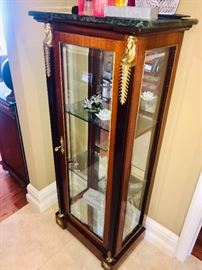 BEAUTIFUL WOODEN CURIO CABINET WITH GILDED BRASS ACCENTS AND MARBLE TOP-(23”W x 13”D x 52”H)