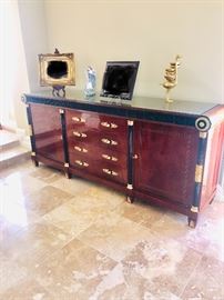 LUXURIOUS VERSACE STYLE BUFFET WITH GILDED GOLD ACCENTS AND GREEK KEY DESIGN-BUFFET MEASURES (93"L  x 22"D x 39”H)