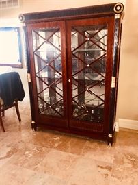 LUXURIOUS VERSACE STYLE CHINA CABINET WITH GILDED GOLD ACCENTS AND GREEK KEY DESIGN-CHINA CABINET MEASURES (61"W x 16.5"D x 78.5”H)