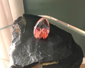 Slate rock with Glass egg paperweight