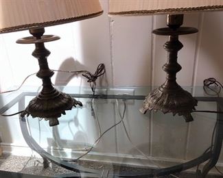 Pair of antique bronze type metal lamps
