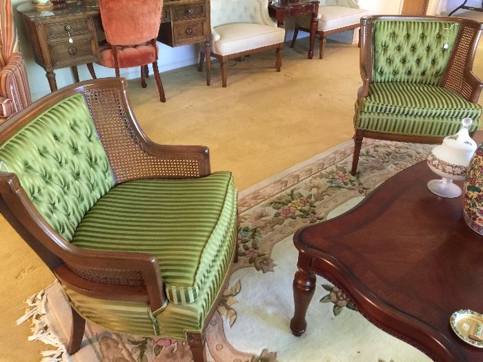 "Silky" upholstered tufted back chairs.  GREAT condition.