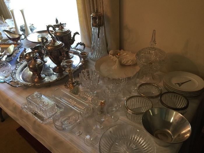 Lots of glass, brass, and plate to serve your next party.